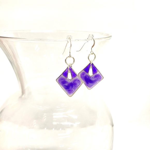 HANDMADE Abstract Geometric Resin Art Dangle Sterling Silver French Hook Earring - Picture 8 of 9